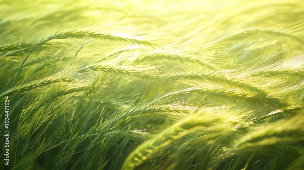 Lush green wheat field swaying under the warm sunlight, evoking serenity and natural beauty. Lush green wheat field swaying under the warm sunlight, evoking serenity and natural beauty.