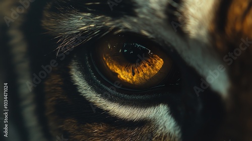 Close-up of tiger eye with intense gaze and striking colors. photo