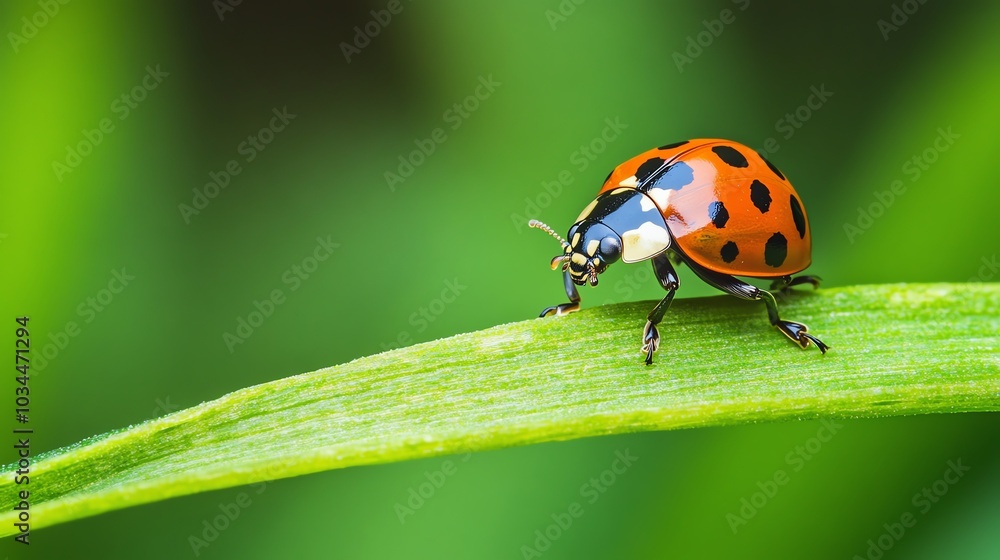 Fototapeta premium Ladybug on a green leaf with blurred background