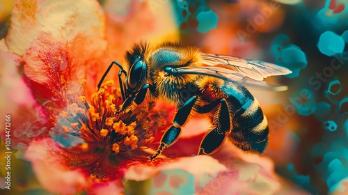 Bee pollinating vibrant flower, close-up with colorful bokeh background.