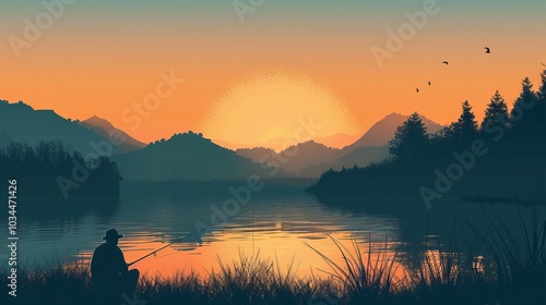 Fototapeta Naklejka Na Ścianę i Meble -  Illustration of Man fishing off a dock on a lake