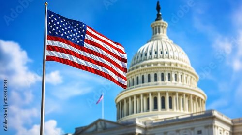 Flag of the United States waving in the breeze with the U.S. Capitol in the background on a sunny day with blue skies and clouds