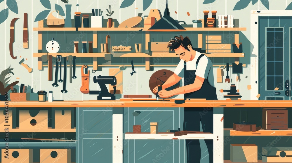 Illustration of Man working on a DIY project in his workshop Illustration of Man working on a DIY project in his workshop