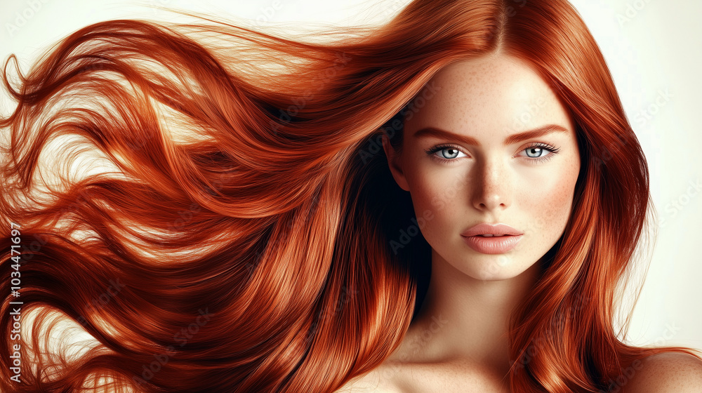 Obraz premium Gorgeous redhead woman with flowing, healthy hair displaying a vibrant and lustrous hair color in the wind