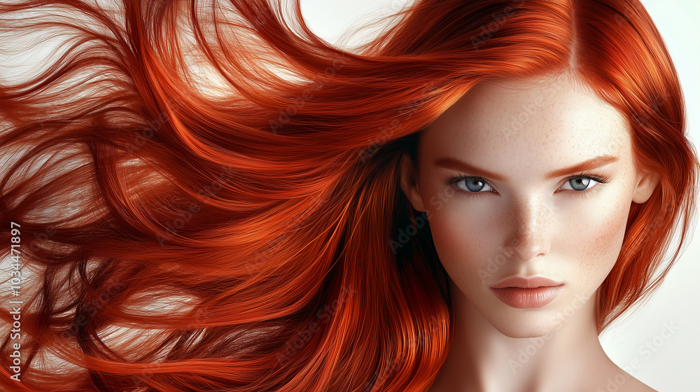 Stunning woman with long red hair and captivating blue eyes exudes beauty and elegance, her flawless makeup enhancing her natural features, making her face glow with glamour and style Stunning woman with long red hair and captivating blue eyes exudes beauty and elegance, her flawless makeup enhancing her natural features, making her face glow with glamour and style
