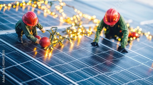 Workers decorating solar panels with Christmas lights and ornaments, sustainable festive preparation