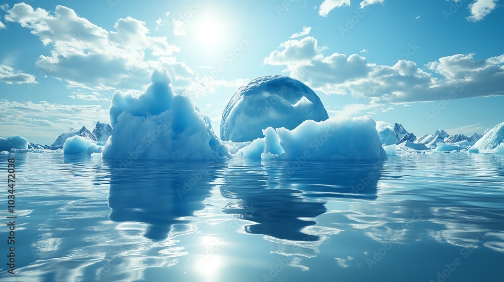 Fototapeta premium Icebergs floating in calm ocean waters under a bright sunlit sky.