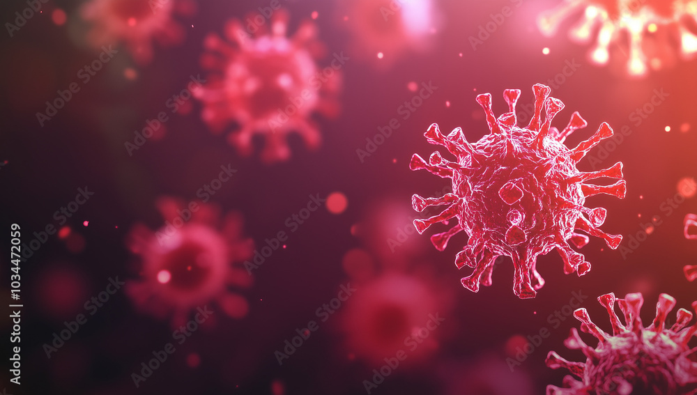 3D rendering of some coronavirus particles against a dark background, some glowing and others blurred, high-resolution photography. 3D rendering of some coronavirus particles against a dark background, some glowing and others blurred, high-resolution photography.