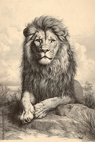 Majestic lion resting on rock, detailed etching style