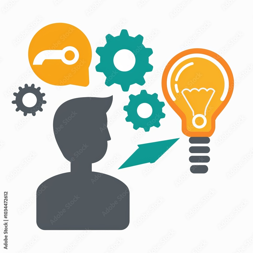 Icon of a person with a speech bubble containing a lightbulb and gears, representing discussions about invention or innovation. Icon of a person with a speech bubble containing a lightbulb and gears, representing discussions about invention or innovation.