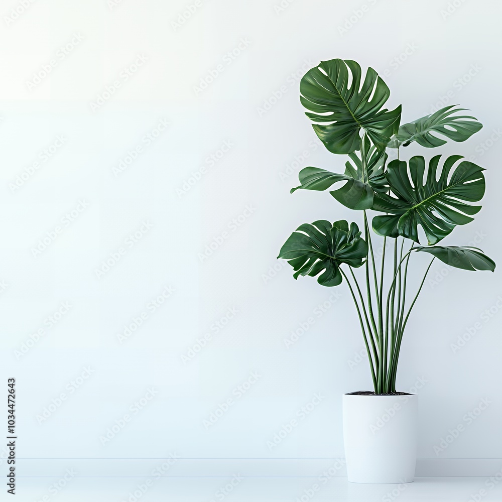 A large green plant in a white pot against a white wall. A large green plant in a white pot against a white wall.