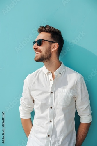 Happy summer style man in stylish sunglasses on blue wall