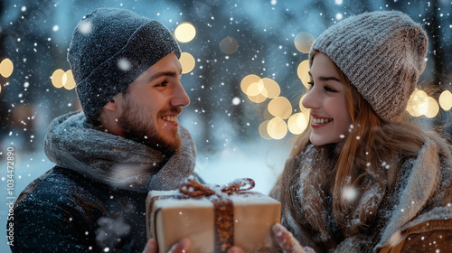 A young couple exchanging gifts in a snowy park, their expressions filled with joy and love – A romantic scene of giving, showing the happiness that comes from sharing special mome photo