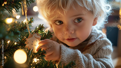 A young child secretly placing a handmade ornament on a grandparent’s Christmas tree as a surprise gift – A moment of joy and surprise, filled with the happiness of simple yet mean