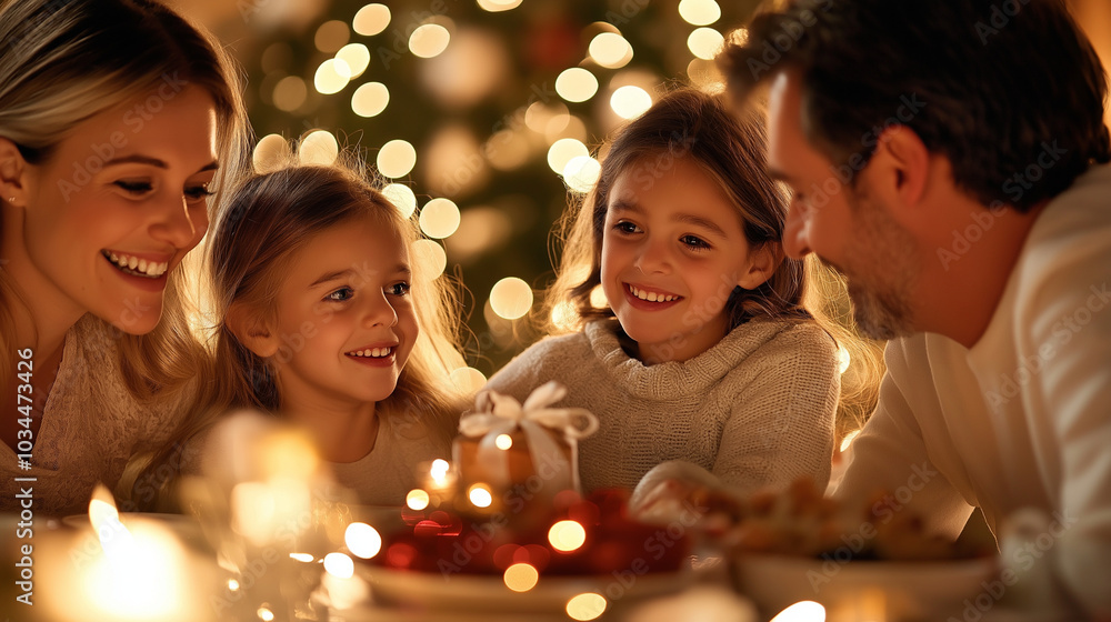 A family sharing a meal, with each place setting including a small wrapped gift as a token of appreciation and love – A scene of unity and happiness, where giving goes beyond mater A family sharing a meal, with each place setting including a small wrapped gift as a token of appreciation and love – A scene of unity and happiness, where giving goes beyond mater