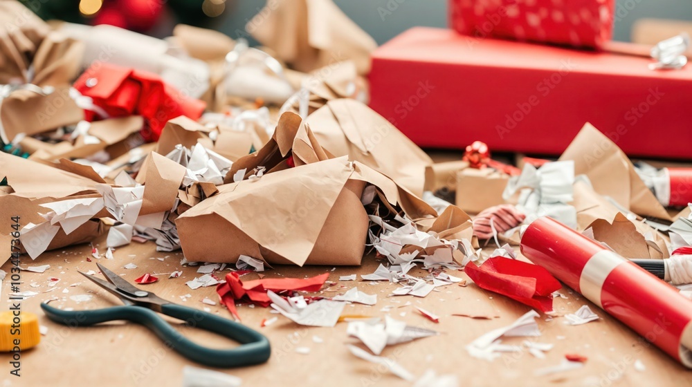 Close-up of chaotic gift wrapping table with torn paper and holiday decorations, Christmas stress concept