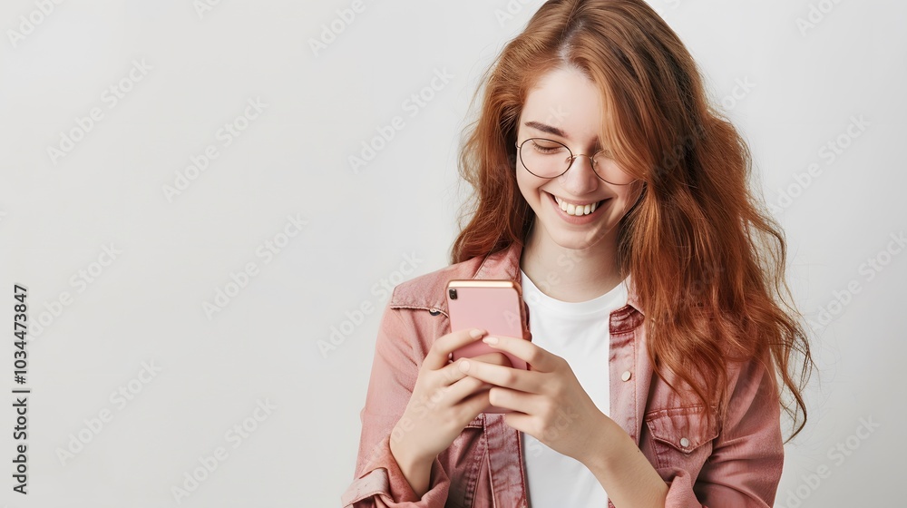 Happy young woman using cell phone white background Happy young woman using cell phone white background