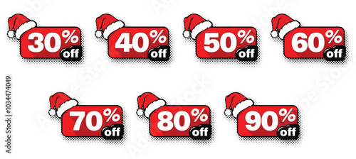 Christmas sale, black friday discounts. Percent off stickers set. Discounts numbers from 30% to 90%. Vector on transparent background