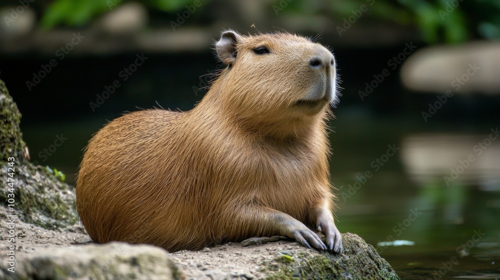 Inquisitive capybara lounging by a riverbank Inquisitive capybara lounging by a riverbank