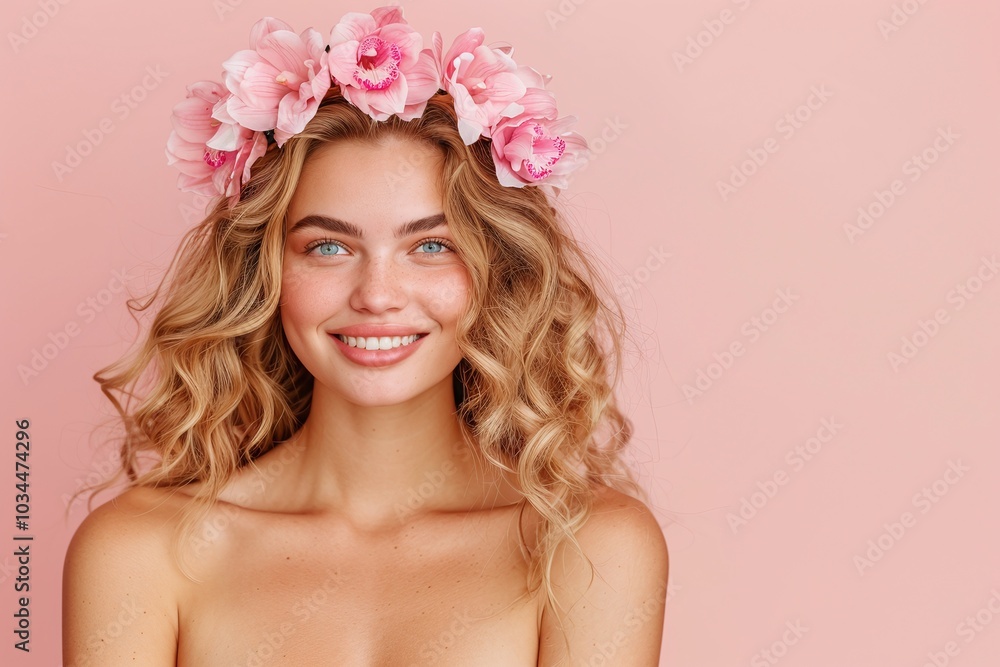 Blonde Woman with Pink Rose Crown, Curly Hair, Blue Eyes, Natural Makeup, Minimalist Pink Background, Radiant Skin, Feminine Charm, Summer Beauty, Soft Smile, Copyspace for Text
Blonde Woman with Pink Rose Crown, Curly Hair, Blue Eyes, Natural Makeup, Minimalist Pink Background, Radiant Skin, Feminine Charm, Summer Beauty, Soft Smile, Copyspace for Text