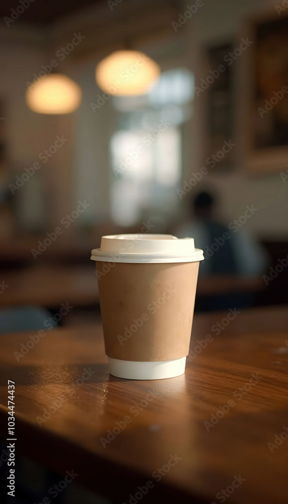 A mock-up of a disposable coffee paper cup on a rustic wooden table, featuring a customizable design for branding, showcasing its eco-friendly and practical nature for coffee lovers