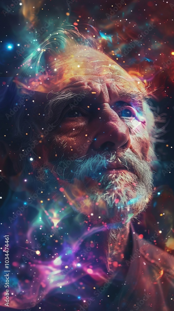 Elderly Man Gazing into Colorful Cosmic Nebula with Stars and Galaxies in a Mystical Space-Themed Portrait Elderly Man Gazing into Colorful Cosmic Nebula with Stars and Galaxies in a Mystical Space-Themed Portrait
