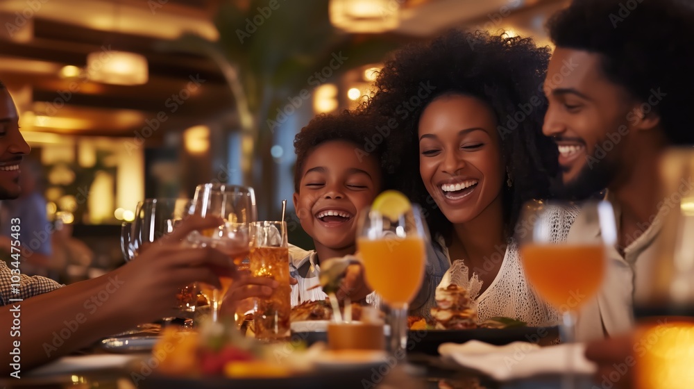 Family enjoys a joyful dinner in a lively restaurant, sharing laughter and delicious meals in a warm atmosphere Family enjoys a joyful dinner in a lively restaurant, sharing laughter and delicious meals in a warm atmosphere