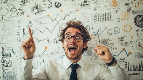 A business professional stands by a whiteboard, pointing to a rapidly sketched chart, eyes wide with excitement as they realize a breakthrough idea