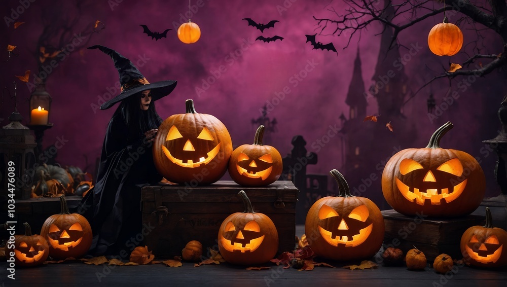 A witch is surrounded by pumpkins with glowing eyes. The scene is set in a graveyard with a castle in the background A witch is surrounded by pumpkins with glowing eyes. The scene is set in a graveyard with a castle in the background