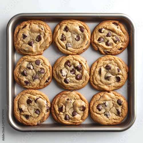 Freshly baked chocolate chip cookies on a baking sheet.