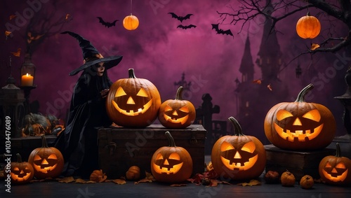 A witch is surrounded by pumpkins with glowing eyes. The scene is set in a graveyard with a castle in the background