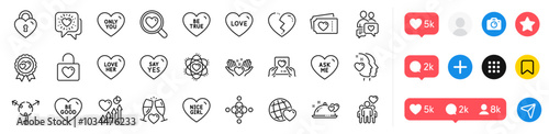 Love lock, Love her and Wedding glasses line icons pack. Social media icons. Friends world, Hold heart, Be good web icon. Ask me, Genders, Heart pictogram. Nice girl, Inclusion, Wedding locker. Vector