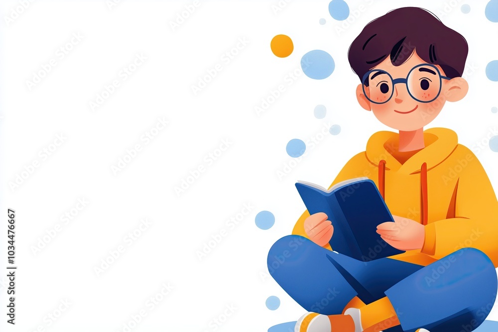 A Young Boy Reading a Book While Sitting Comfortably in a Cozy, Colorful Environment A Young Boy Reading a Book While Sitting Comfortably in a Cozy, Colorful Environment