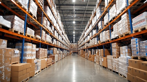Wallpaper Mural Rows of metal racks filled with inventory in a large industrial warehouse, showcasing stock management.  Torontodigital.ca