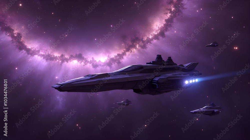 Photorealistic outer space, deep purple nebula swirl, sparkling stars in countless numbers, sleek 'Space Goblin' spaceships with distinctive markings darting in the background, cosmic diversity includ Photorealistic outer space, deep purple nebula swirl, sparkling stars in countless numbers, sleek 'Space Goblin' spaceships with distinctive markings darting in the background, cosmic diversity includ