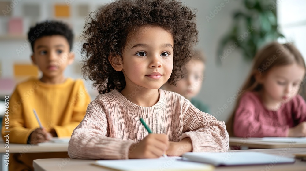 A focused young girl with curly hair is writing in a classroom, surrounded by classmates. The scene reflects a vibrant, engaging learning environment. A focused young girl with curly hair is writing in a classroom, surrounded by classmates. The scene reflects a vibrant, engaging learning environment.