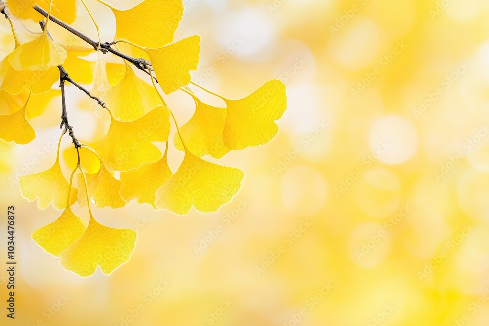 Vibrant Yellow Ginkgo Biloba Leaves Hanging From a Branch in Autumn Sunlight Vibrant Yellow Ginkgo Biloba Leaves Hanging From a Branch in Autumn Sunlight