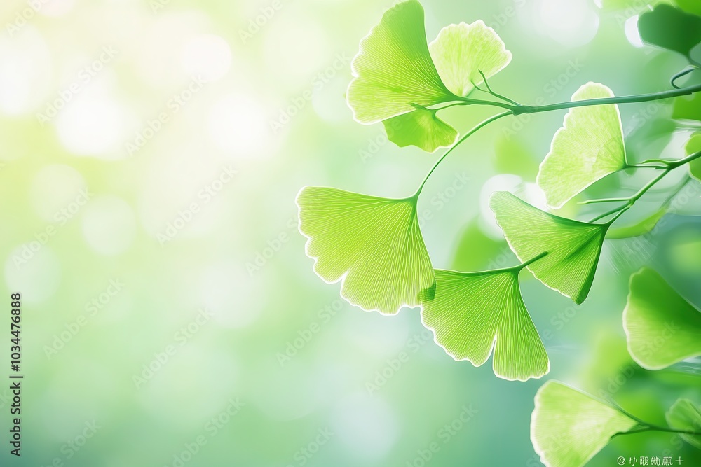 Ginkgo Biloba Leaves Illuminated by Soft Sunlight in a Serene Green Setting Ginkgo Biloba Leaves Illuminated by Soft Sunlight in a Serene Green Setting