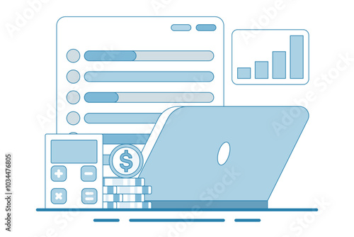 Budget tracker via device, Budgeting app manage finance by tracking income, designed to help spending, for website, homepage, landing page, template, banner in modern flat style.