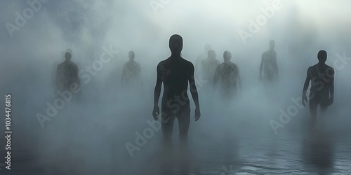 Mysterious Silhouettes Emerging from Fog in Eerie Atmospheric Scene