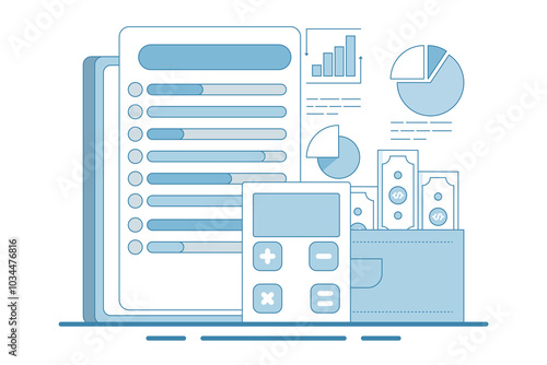 Budget tracker via device, Budgeting app manage finance by tracking income, designed to help spending, for website, homepage, landing page, template, banner in modern flat style.