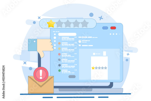 Bad review and rating email concept. Customer satisfaction, buyer, client. Customer is dissatisfied and gives 1 star rating. Giving one star because of dissatisfaction and disappointment. Complaint.