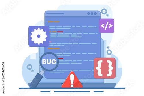 Bug Report Concept, bug magnifier on data software campaign. Computer bug detection. Bug error notification. System error alert. Testing software. Magnifier looking for malware. Flat illustration.