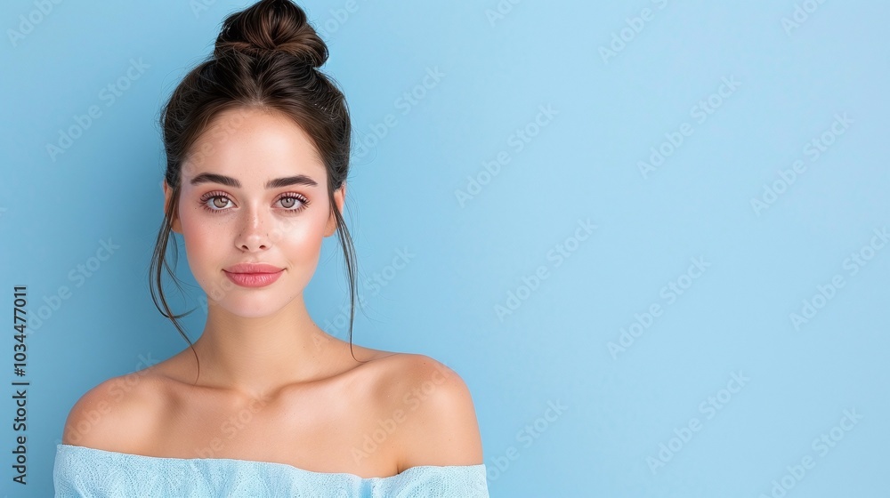 Young Woman with Brunette Hair Bun, Soft Blue Background, Natural Makeup, Dewy Skin, Clear Complexion, Minimalist Style, Beauty Portrait, Warm Glow, Copyspace for Text
Young Woman with Brunette Hair Bun, Soft Blue Background, Natural Makeup, Dewy Skin, Clear Complexion, Minimalist Style, Beauty Portrait, Warm Glow, Copyspace for Text
