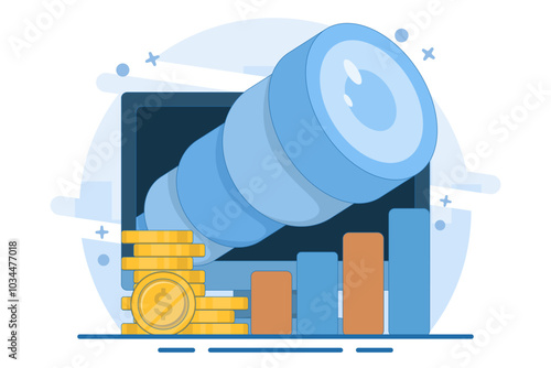 business opportunity concept. vision and future. seeking profit and money. a visionary seeks opportunities and chances to succeed using a telescope. flat vector illustration on background.