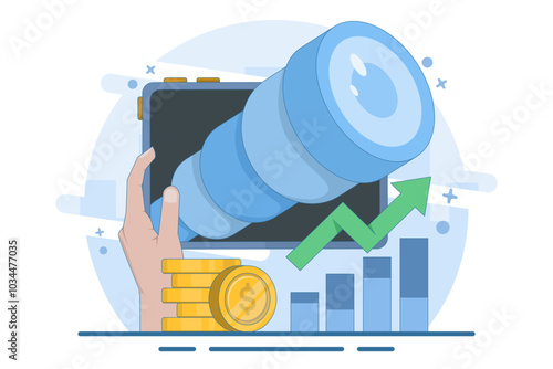 business opportunity concept. vision and future. seeking profit and money. a visionary seeks opportunities and chances to succeed using a telescope. flat vector illustration on background.
