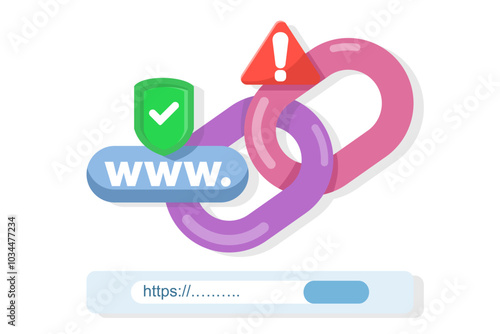 concept of protection system from malicious links. dangerous and suspicious url addresses. unsafe website addresses. chain with shield and warning sign. flat vector illustration.