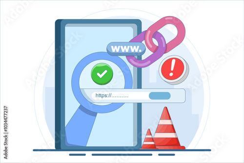 concept of protection system from malicious links. dangerous and suspicious url addresses. unsafe website addresses. chain with shield and warning sign. flat vector illustration.