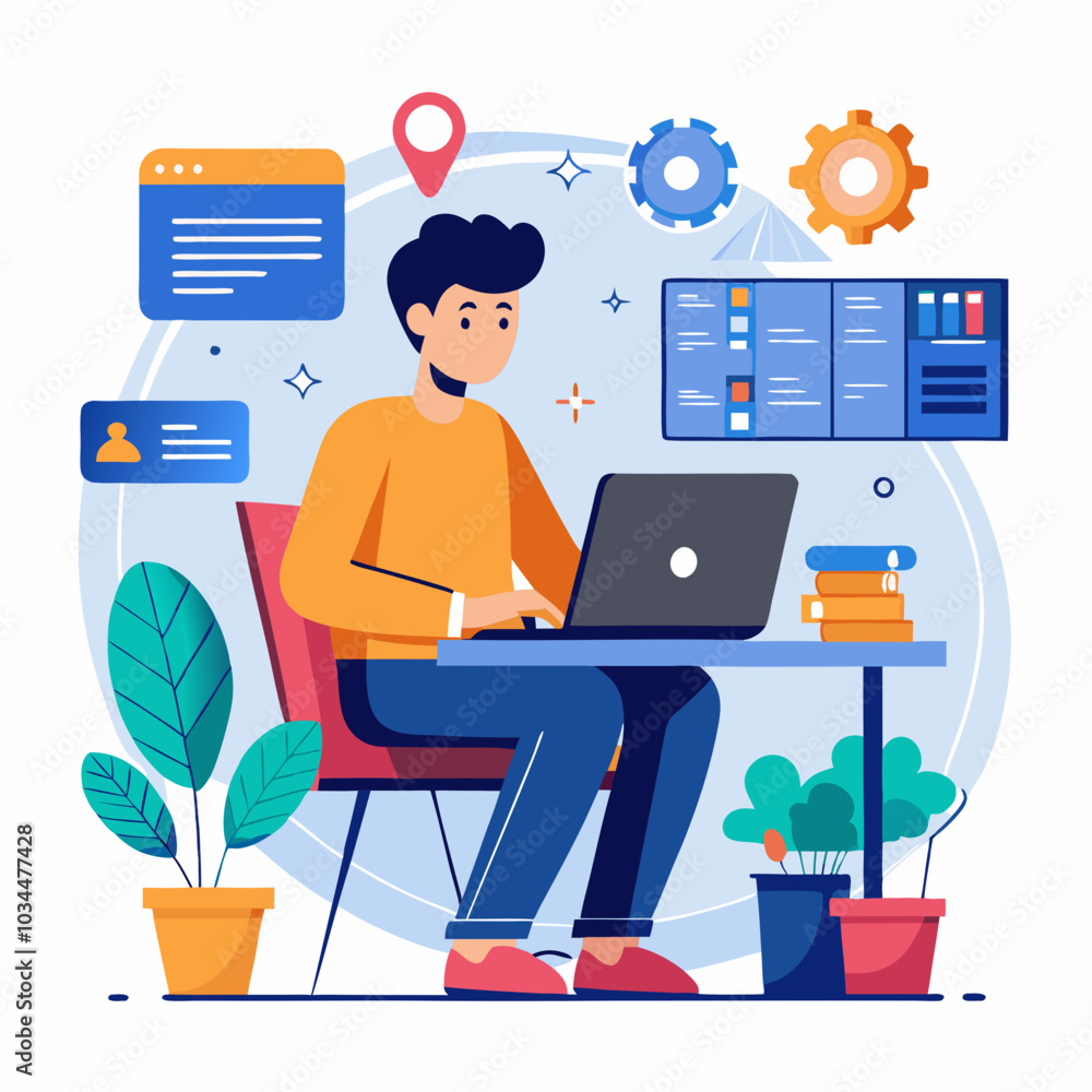 Fototapeta premium create me a vector image in which should be like a man working on his companies Projects Full Stack Developer
