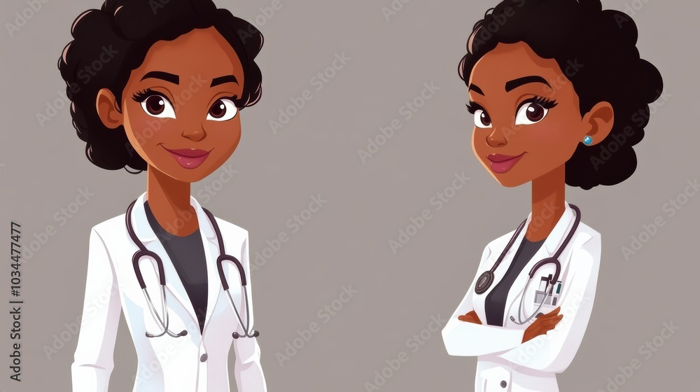 Cartoon of a Black Woman Doctor and Therapist in Professional Attire With Stethoscopes. Generative AI Cartoon of a Black Woman Doctor and Therapist in Professional Attire With Stethoscopes. Generative AI